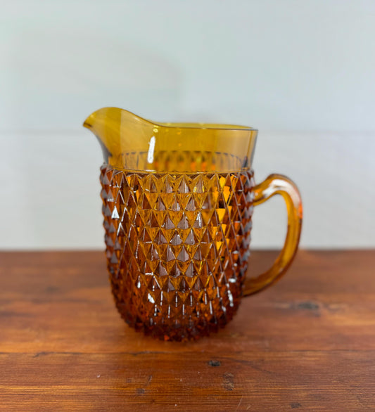 Amber Glass Pitcher, Indiana Glass Company Diamond Point Large Water Jug