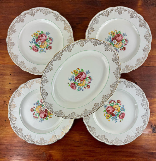 10" Antique Dinner Plates & Platter 5 Piece Set Royal Bouquet Washington Pottery Ltd Early 1900s