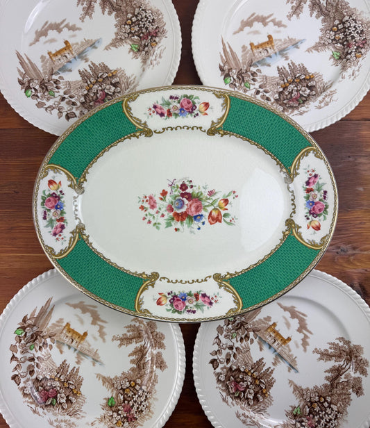 5 Piece Set - Mismatched Farmhouse Plates and Platter - Dreamy Antique Johnson Bros/Myotts Curated Set - Vintage 1920s
