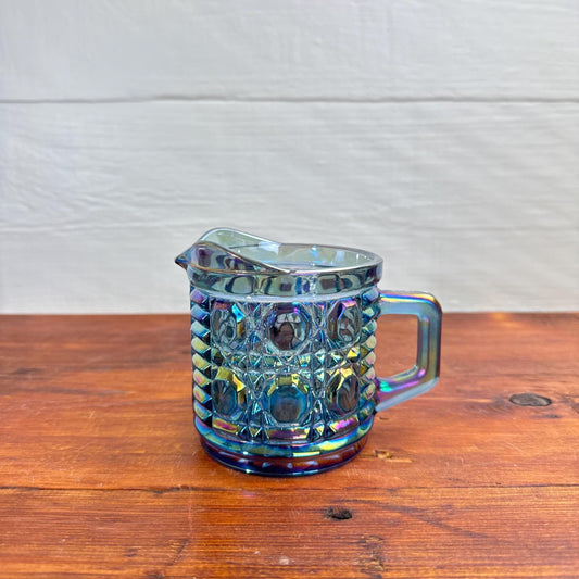Blue Iridescent Glass Creamer - Vintage Indiana Glass Co - Button and Cane Pattern